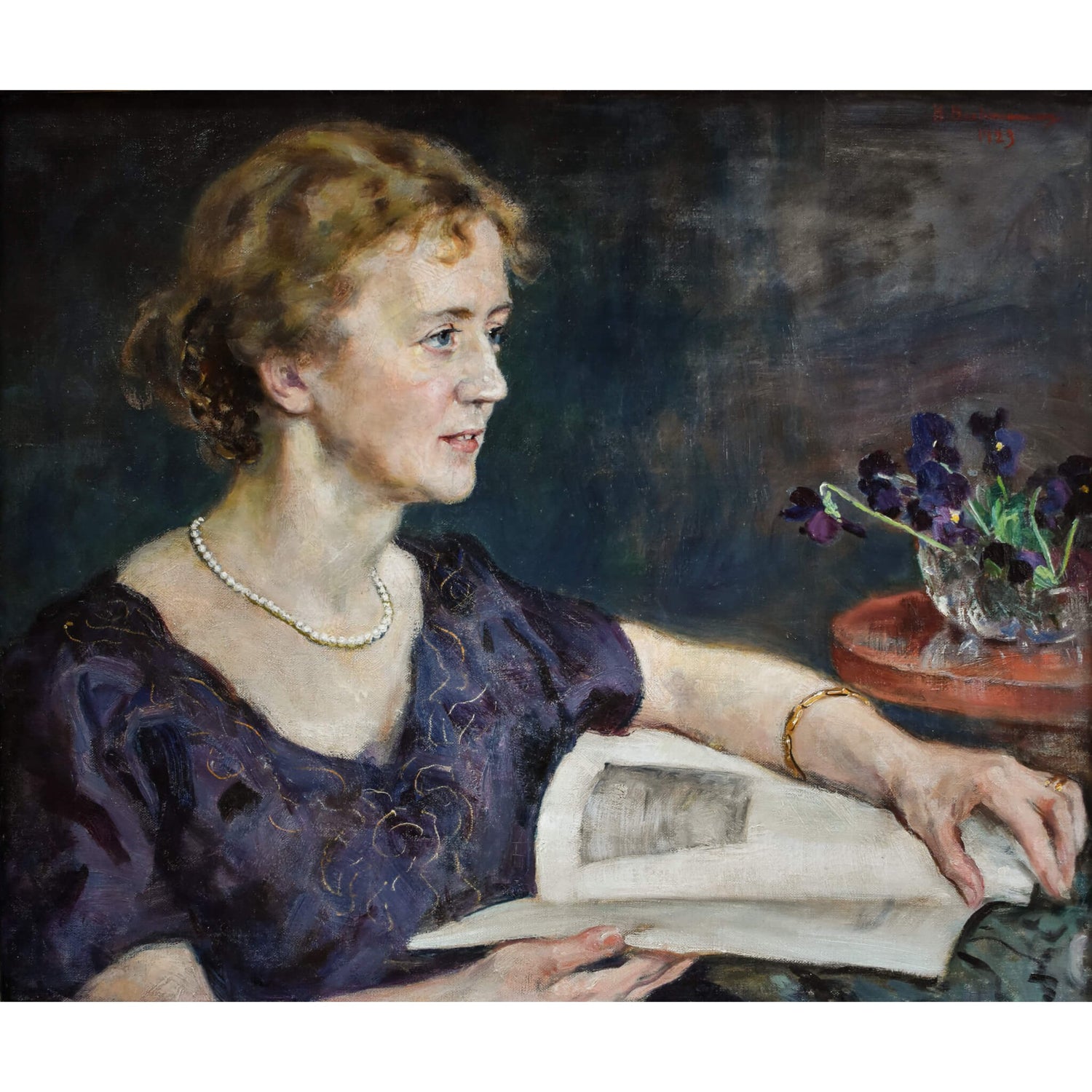 Vintage oil painting portrait of a woman in profile by Finland painter Hugo Backmansson for sale at Winckelmann Gallery