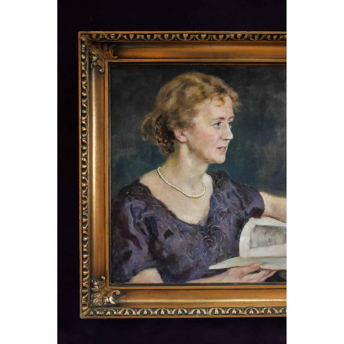 Vintage oil painting portrait of a woman in profile by Finland painter Hugo Backmansson for sale at Winckelmann Gallery