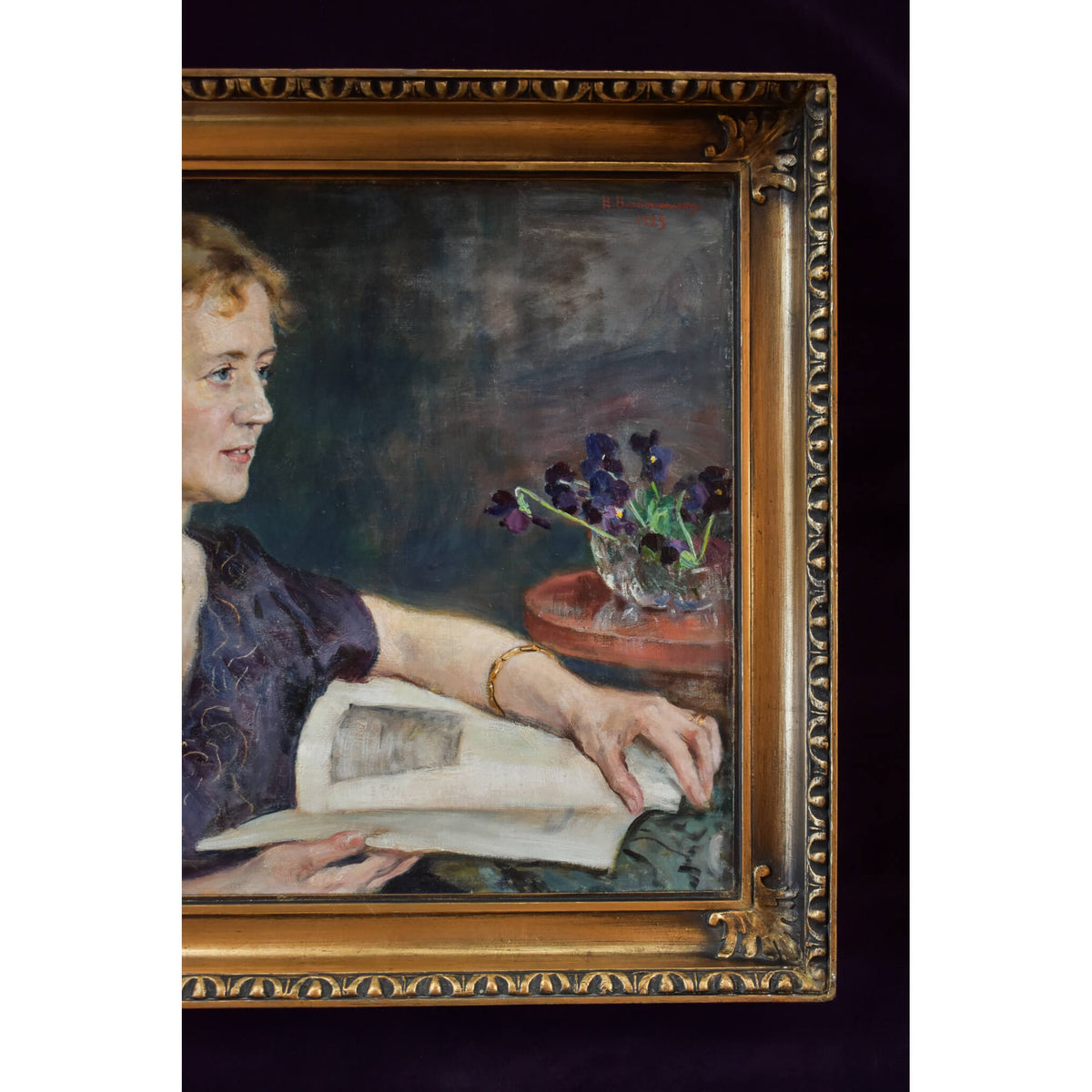 Vintage oil painting portrait of a woman in profile by Finland painter Hugo Backmansson for sale at Winckelmann Gallery