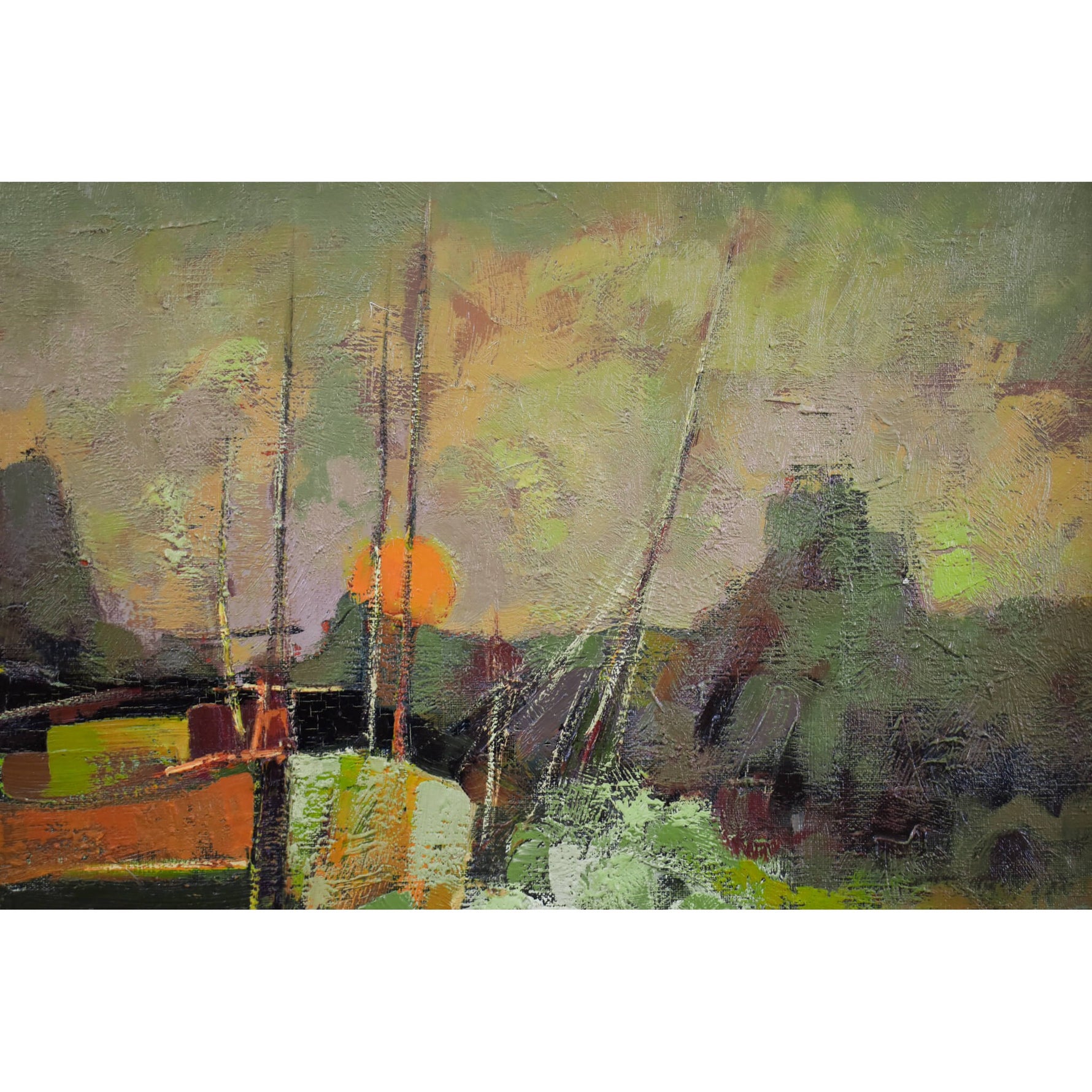 Post-impressionist oil painting coastal landscape at dawn with sailboats by Jacques Sokol for sale at Winckelmann Gallery