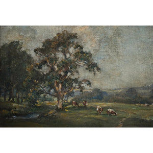 Original oil painting by James Herbert Snell depicting a landscape with cows, circa 1900, for sale at Winckelmann Gallery