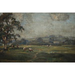 Original oil painting by James Herbert Snell depicting a landscape with cows, circa 1900, for sale at Winckelmann Gallery