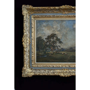 Original oil painting by James Herbert Snell depicting a landscape with cows, circa 1900, for sale at Winckelmann Gallery