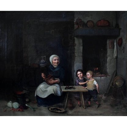 Johan Christoffer Boklund oil painting showing elderly woman with two children in rustic kitchen interior