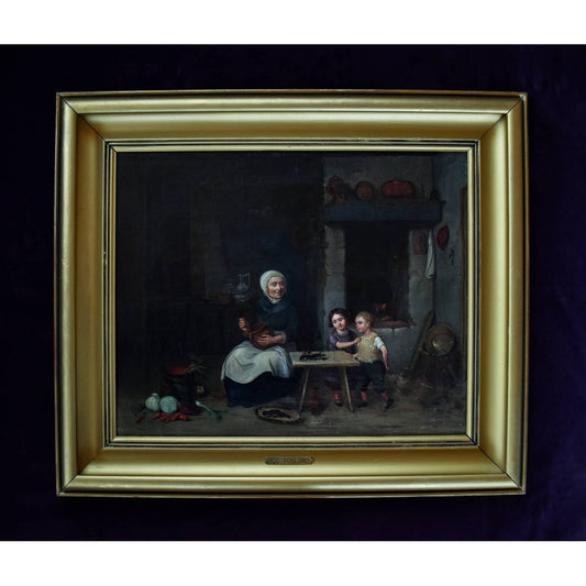 Johan Christoffer Boklund oil painting showing elderly woman in white head covering with two children in rustic kitchen interior, circa 1860, Swedish genre art