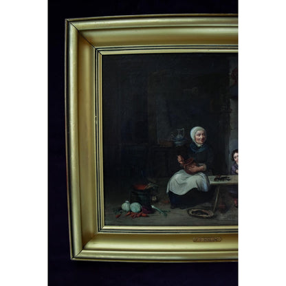 Johan Christoffer Boklund oil painting showing elderly woman in white head covering with two children in rustic kitchen interior, circa 1860, Swedish genre art