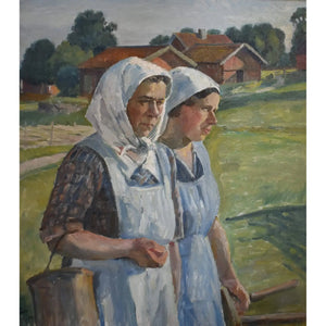 Original rural scene painting by Karl Orbo depicting two peasant women, for sale at Winckelmann Gallery.