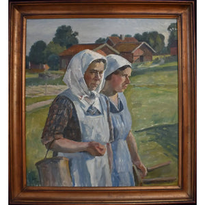 Original rural scene painting by Karl Orbo depicting two peasant women, for sale at Winckelmann Gallery.