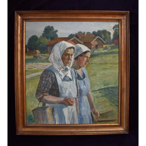 Original rural scene painting by Karl Orbo depicting two peasant women, for sale at Winckelmann Gallery.