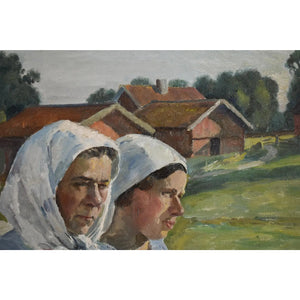 Original rural scene painting by Karl Orbo depicting two peasant women, for sale at Winckelmann Gallery.