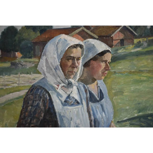 Original rural scene painting by Karl Orbo depicting two peasant women, for sale at Winckelmann Gallery.