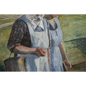 Original rural scene painting by Karl Orbo depicting two peasant women, for sale at Winckelmann Gallery.