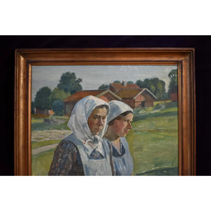 Original rural scene painting by Karl Orbo depicting two peasant women, for sale at Winckelmann Gallery.