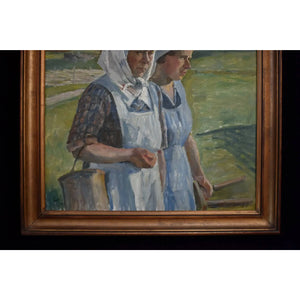 Original rural scene painting by Karl Orbo depicting two peasant women, for sale at Winckelmann Gallery.