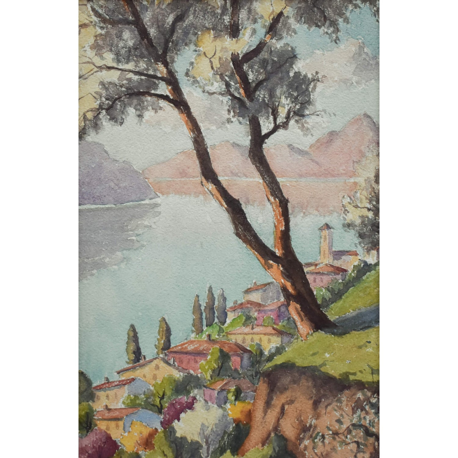 Vintage landscape watercolour painting village lake mountains view circa 1950 for sale at Winckelmann Gallery.