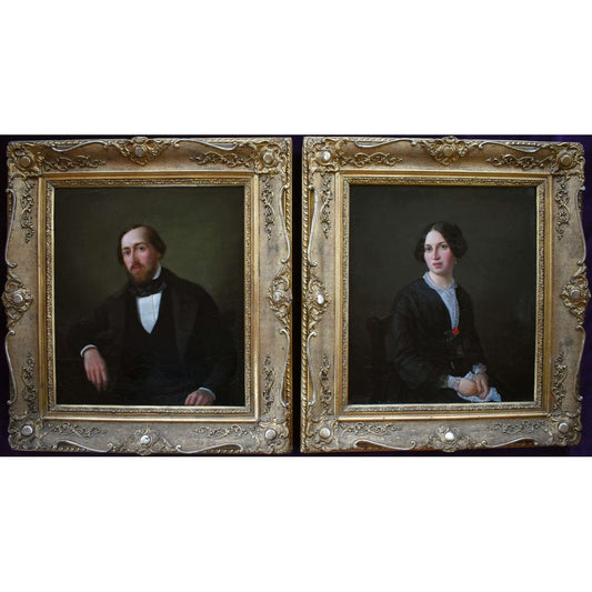 Lorenz Clasen German oil portrait painting 1850s Bloch family Frankfurt bourgeois couple Düsseldorf School Biedermeier portrait