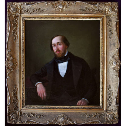Antique German oil painting portrait male subject Lorenz Clasen 1850s Frankfurt merchant class Biedermeier portrait