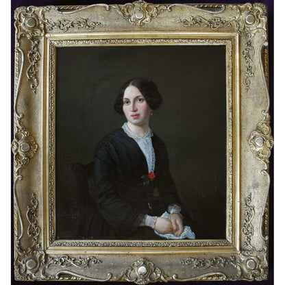Female portrait German bourgeois woman 1850s Lorenz Clasen oil painting Düsseldorf School style Biedermeier portrait