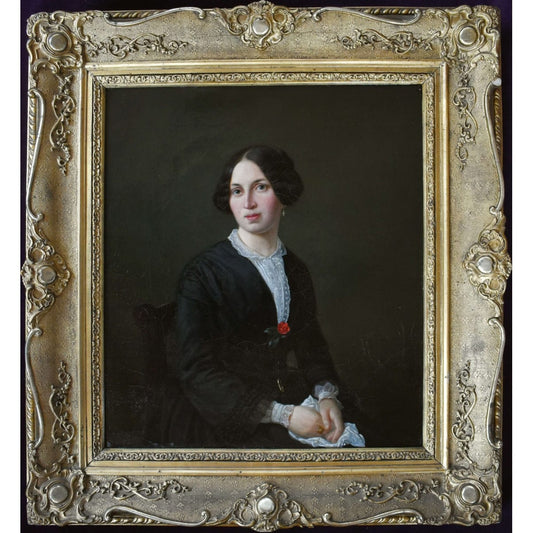 Female portrait German bourgeois woman 1850s Lorenz Clasen oil painting Düsseldorf School style Biedermeier portrait