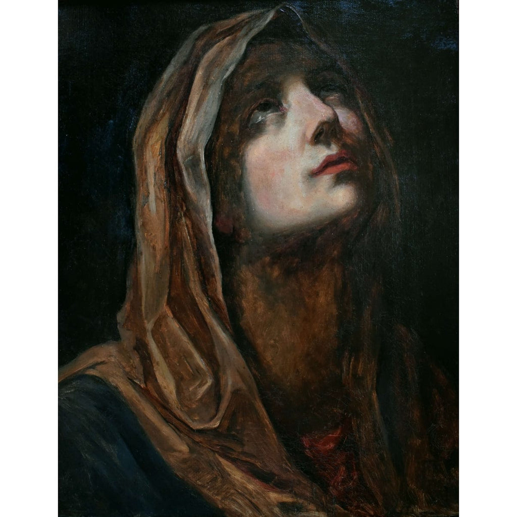 Close-up detail Virgin Mary face chiaroscuro lighting Reni style
