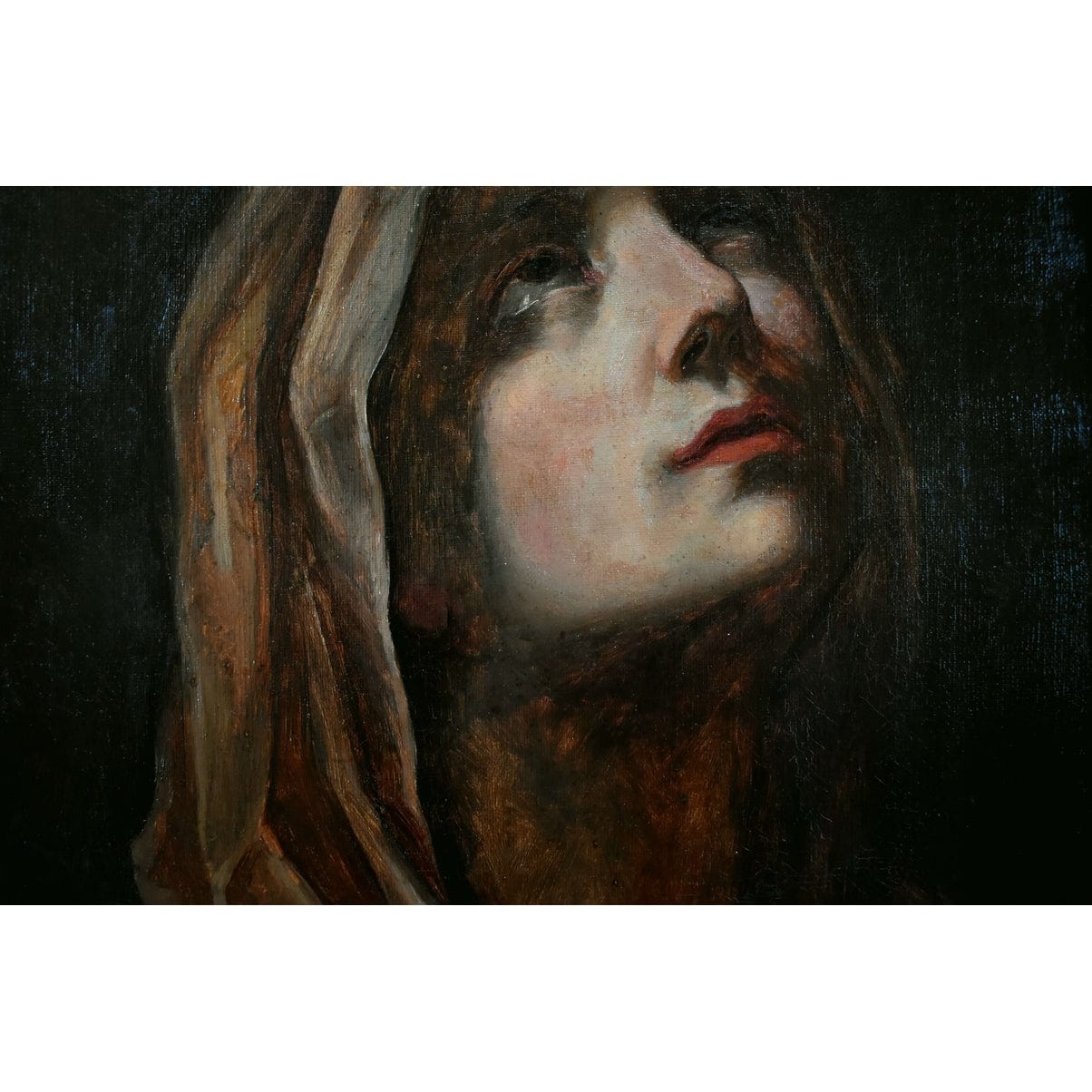 Close-up Virgin Mary sorrowful face detail German School 1800s

