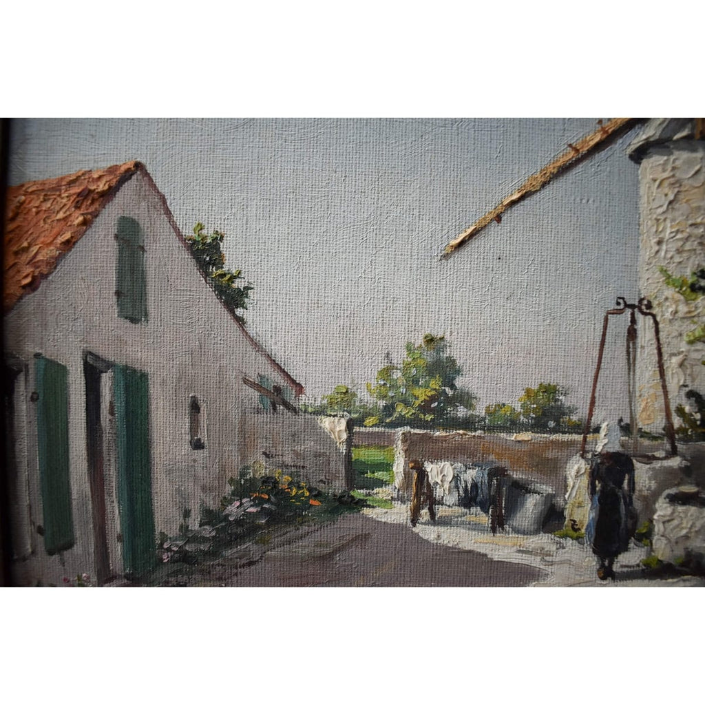 Close-up detail stone windmill wooden sails Chailloux oil painting
