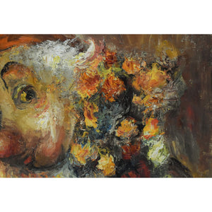 Minsk oil painting depicting a portrait of a clown with roses Winckelmann Gallery