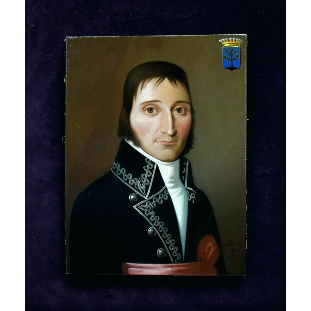 Charles Antoine Paré French portrait 1875. Oil painting of gentleman in First Empire military dress with Napoleonic styling.