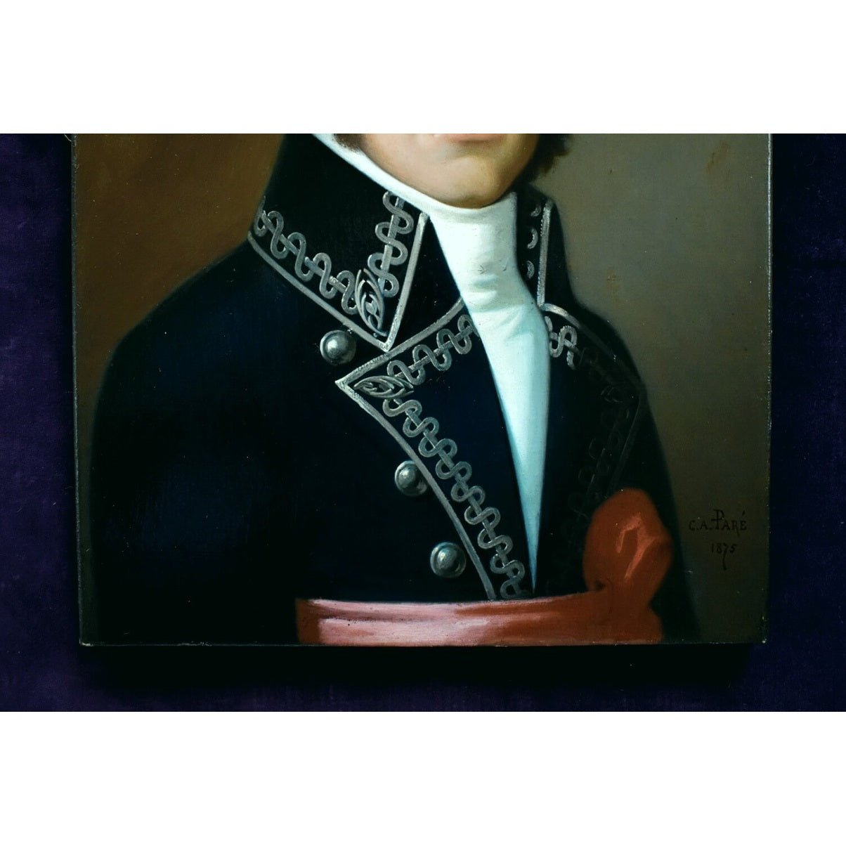 Charles Antoine Paré French portrait 1875. Oil painting of gentleman in First Empire military dress with Napoleonic styling.
