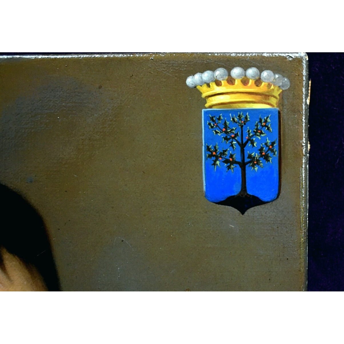 Detail view of embroidered trim and braiding French academic portrait
