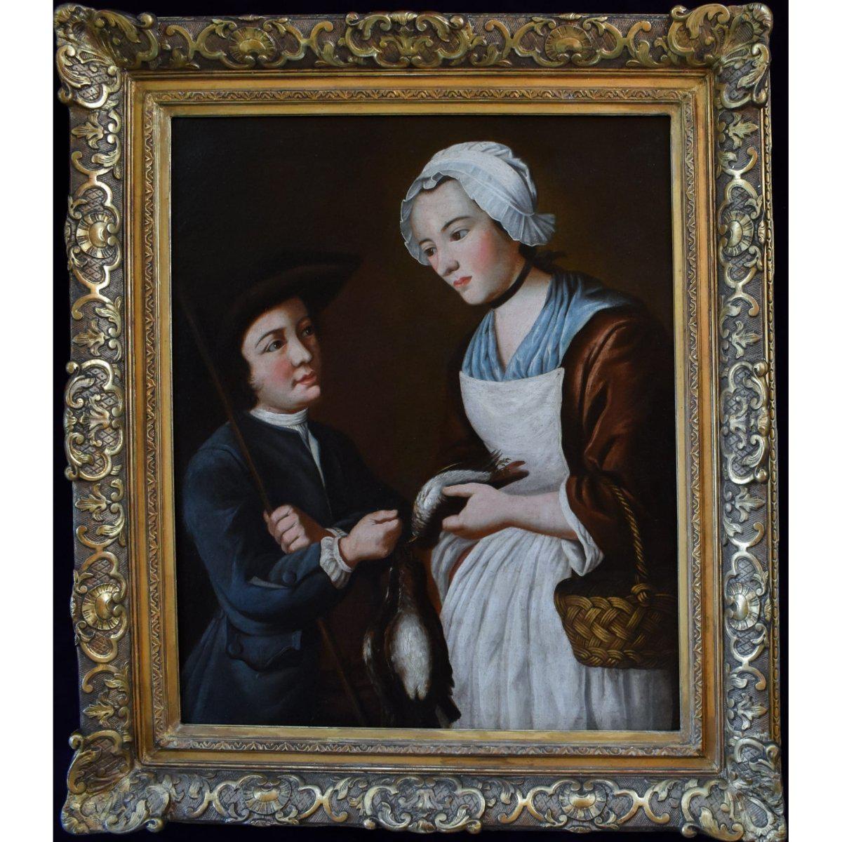 Antique genre scene oil painting with a young hunter negotiates his catch by Nicolas Gresly for sale at Winckelmann Gallery