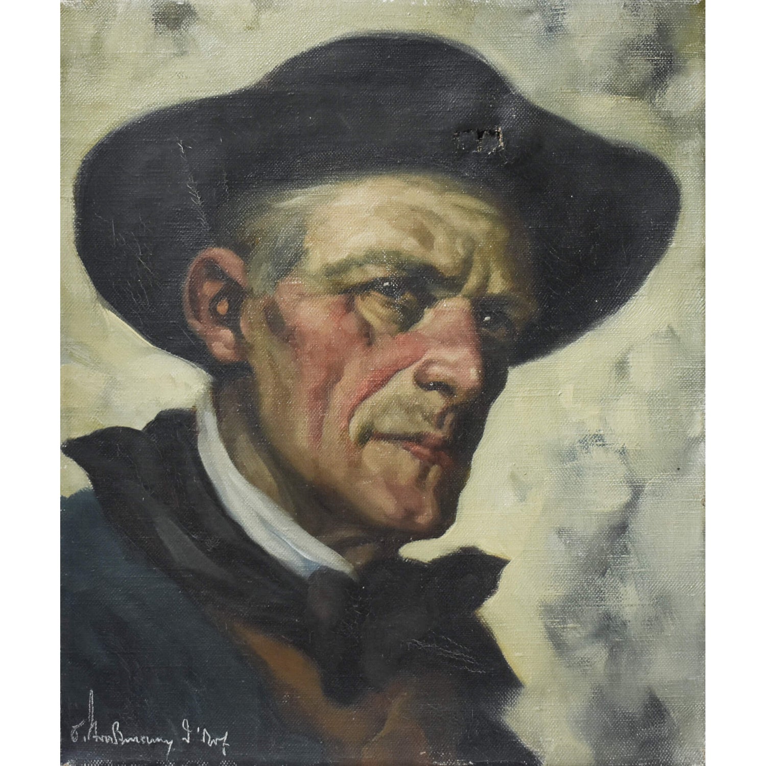 Vintage portrait oil painting depicting a man with black hat by German artist Otto Strassmann for sale at Winckelmann Gallery