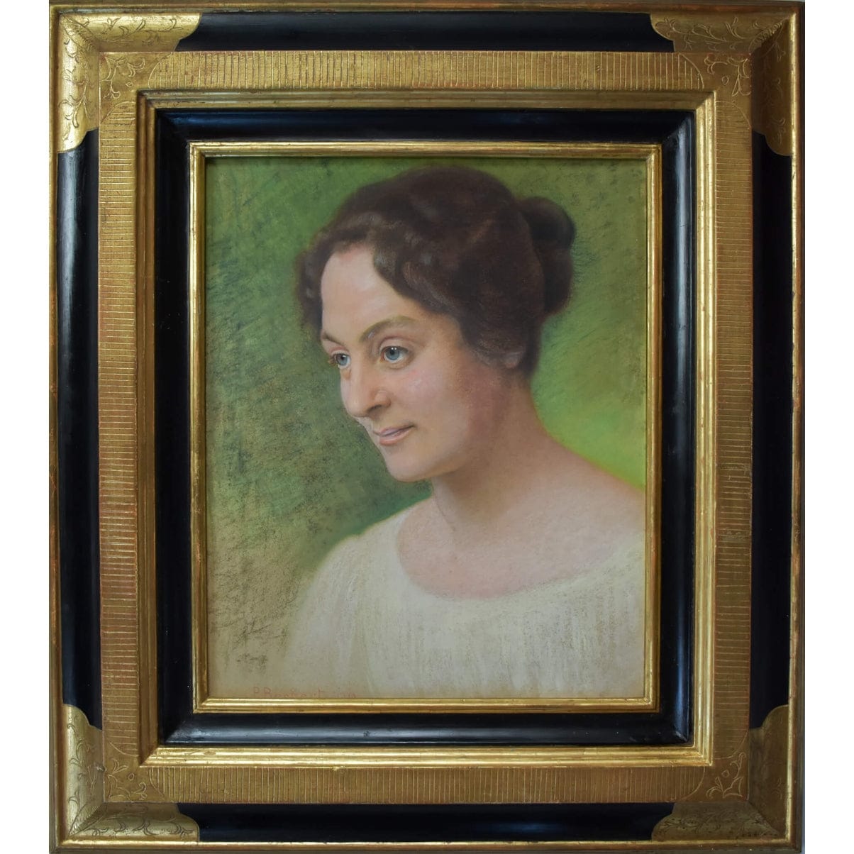 Paul Beckert 1919 pastel portrait woman dark hair ornate gold frame
