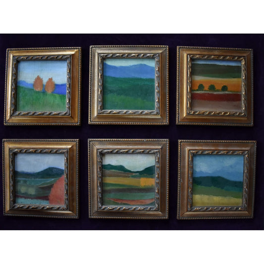 Original set six oil painting landscapes by Spanish artist Pep Camps for sale at Winckelmann Gallery