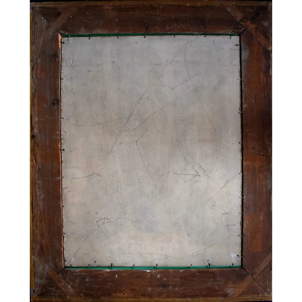 Verso back of Mazaleyrat painting showing cardboard support and frame
