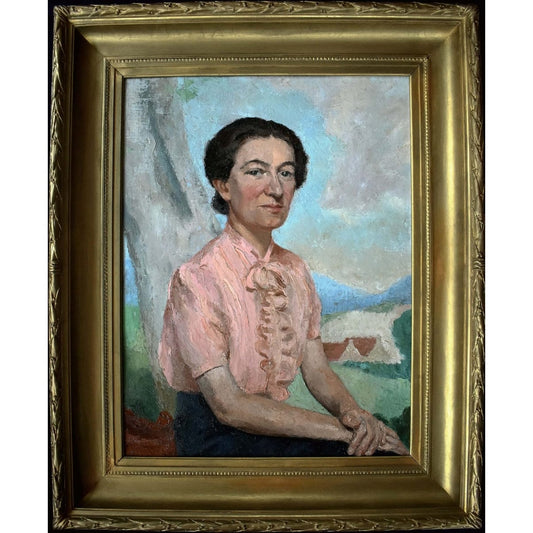 Original oil portrait by French artist Pierre Mazaleyrat (1901-1961) depicting elegant woman in pink blouse, c.1930 with ornate 19th-century gilded frame. 