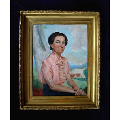 Original oil portrait by French artist Pierre Mazaleyrat (1901-1961) depicting elegant woman in pink blouse, c.1930 with ornate 19th-century gilded frame. 