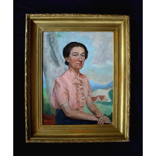 Original oil portrait by French artist Pierre Mazaleyrat (1901-1961) depicting elegant woman in pink blouse, c.1930 with ornate 19th-century gilded frame. 