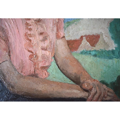 Original oil portrait by French artist Pierre Mazaleyrat (1901-1961) depicting elegant woman in pink blouse, c.1930 with ornate 19th-century gilded frame. 