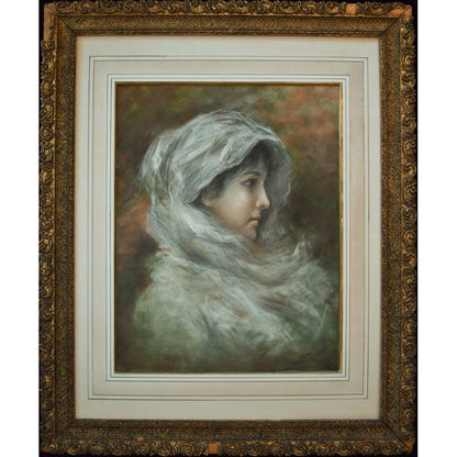 Antique pastel painting depicting a portrait of a woman wearing a veil, signed Simon, for sale at Winckelmann Gallery