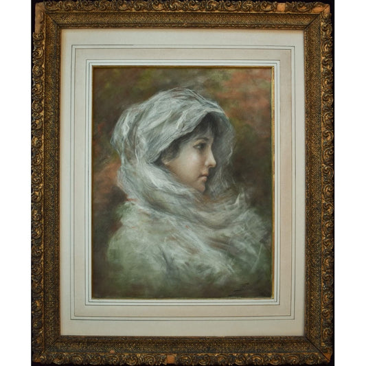 Antique pastel painting depicting a portrait of a woman wearing a veil, signed Simon, for sale at Winckelmann Gallery