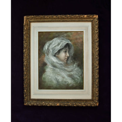 Antique pastel painting depicting a portrait of a woman wearing a veil, signed Simon, for sale at Winckelmann Gallery