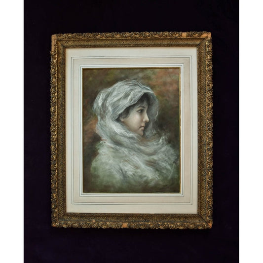 Antique pastel painting depicting a portrait of a woman wearing a veil, signed Simon, for sale at Winckelmann Gallery