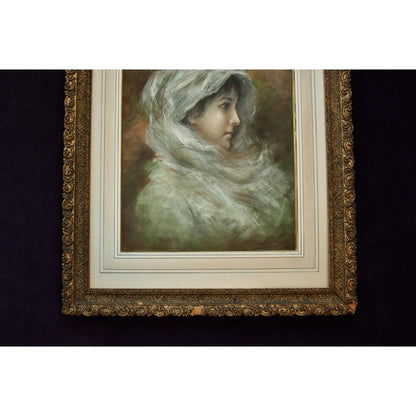 Antique pastel painting depicting a portrait of a woman wearing a veil, signed Simon, for sale at Winckelmann Gallery