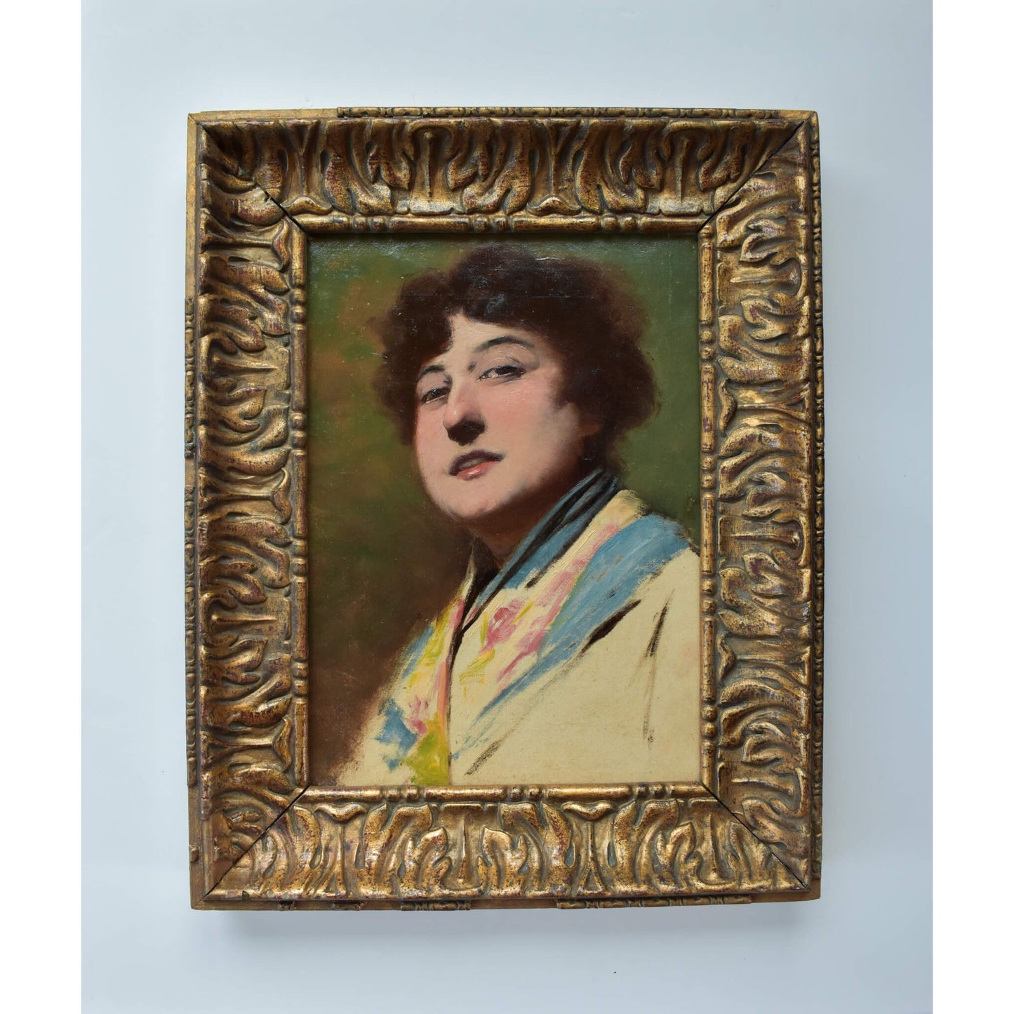 Original antique portrait painting woman with a kimono framed French 19th century oil canvas for sale at Winckelmann Gallery