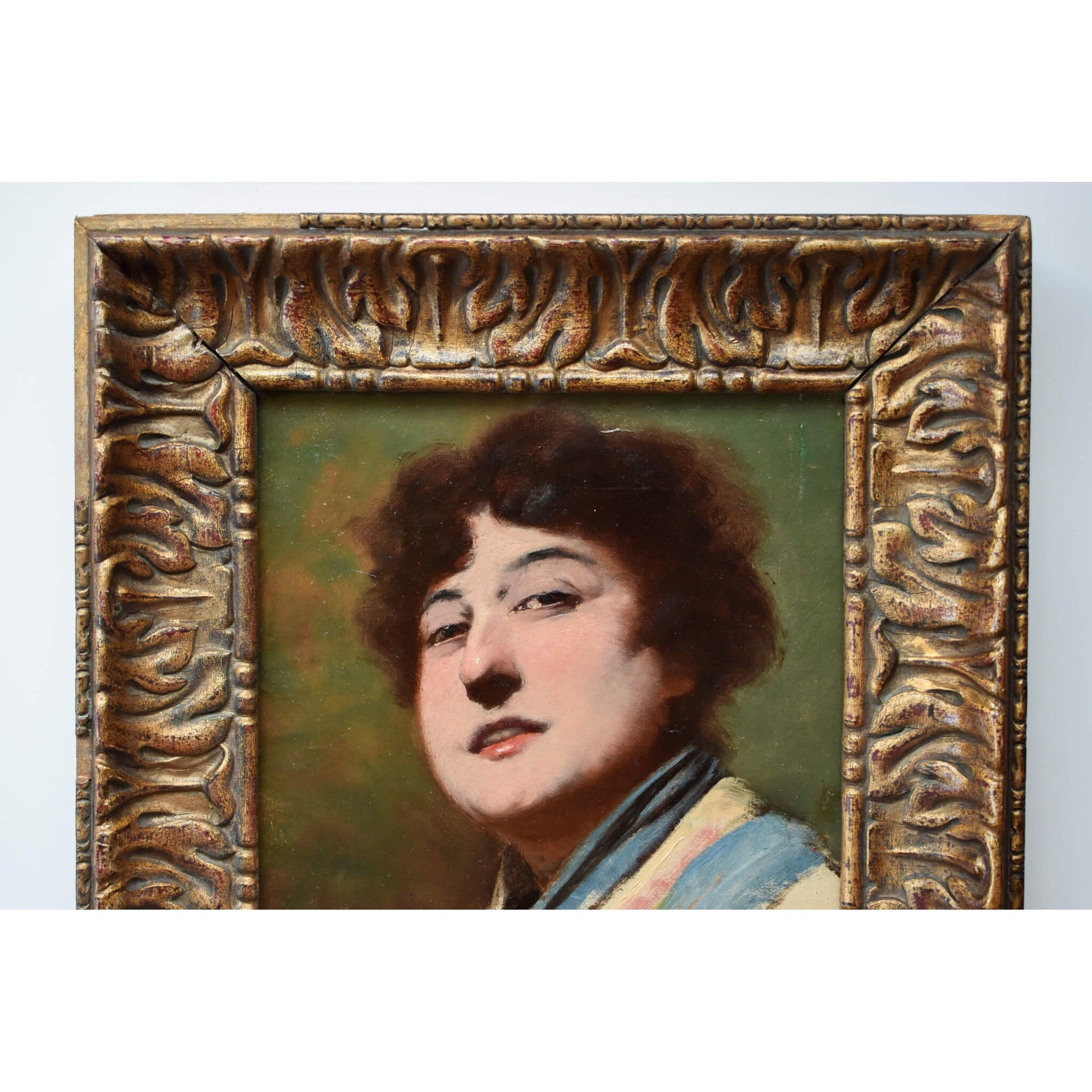 Original antique portrait painting woman with a kimono framed French 19th century oil canvas for sale at Winckelmann Gallery
