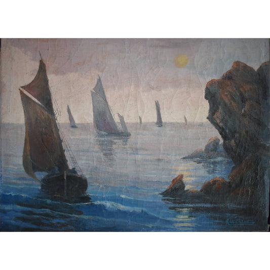 Vintage oil painting, rocky coastal landscape with sailing boats circa 1930, by René Lacaze, for sale at Winckelmann Gallery