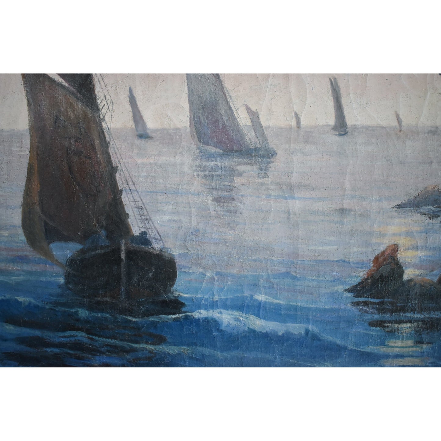 Vintage oil painting, rocky coastal landscape with sailing boats circa 1930, by René Lacaze, for sale at Winckelmann Gallery