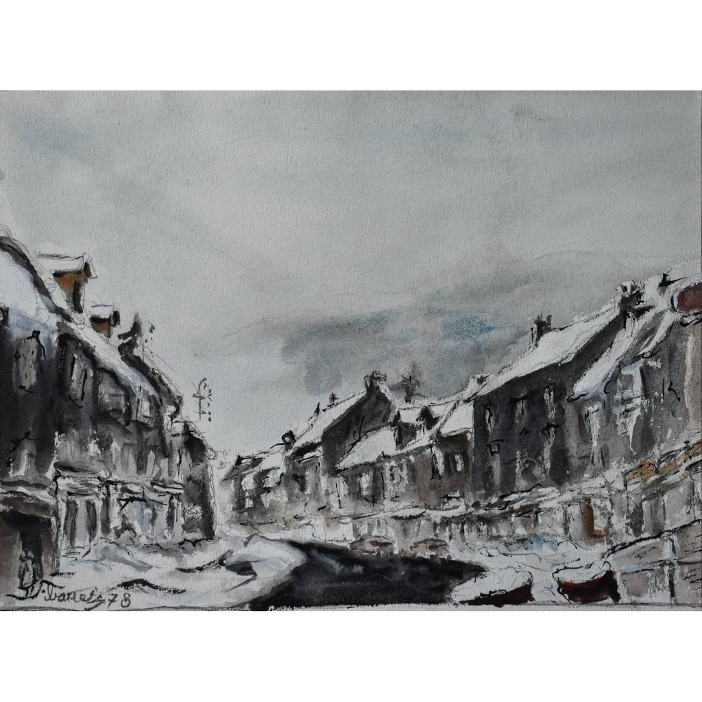 Close-up detail snow village buildings grey washes Ibanez watercolor
