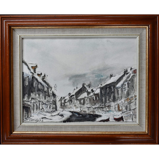 Robert Ibanez 1978 winter village street snow watercolor framed
